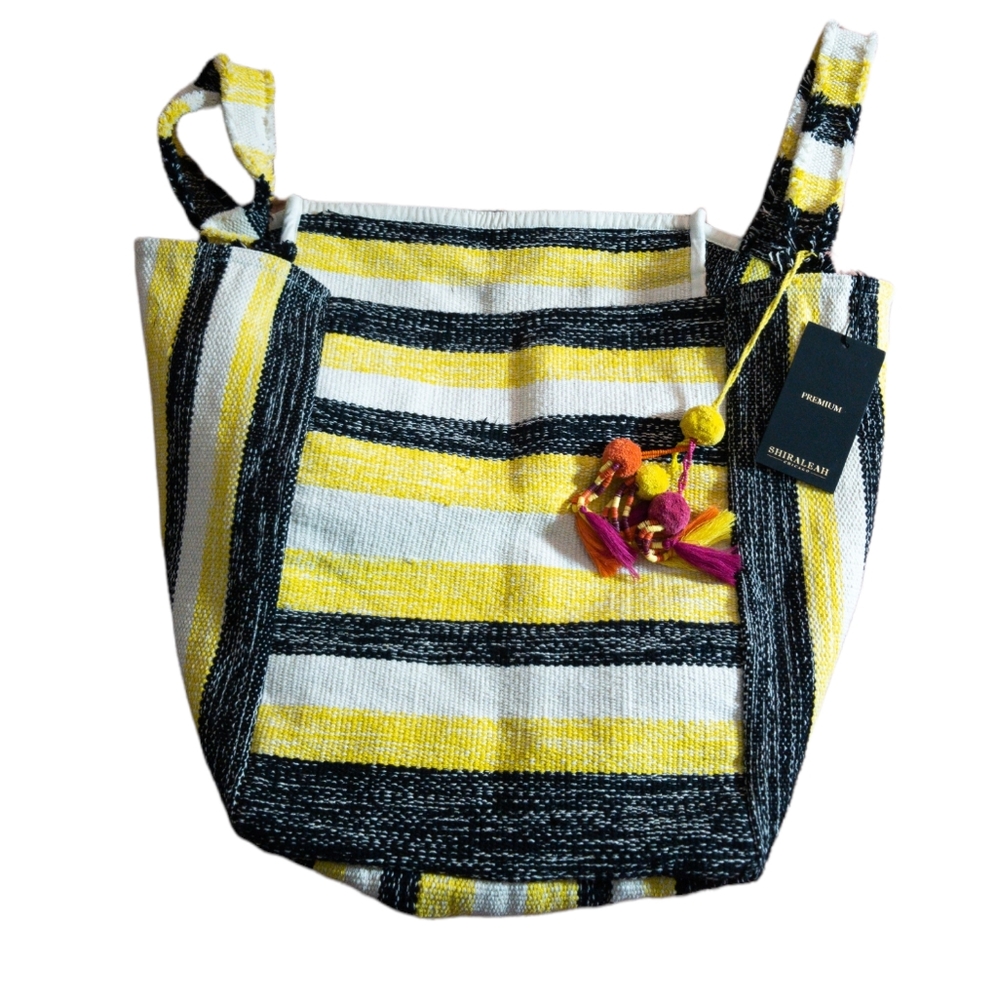 Shiraleah. 'Teagan' totes bag. Yellow and black striped  totebag with pompoms